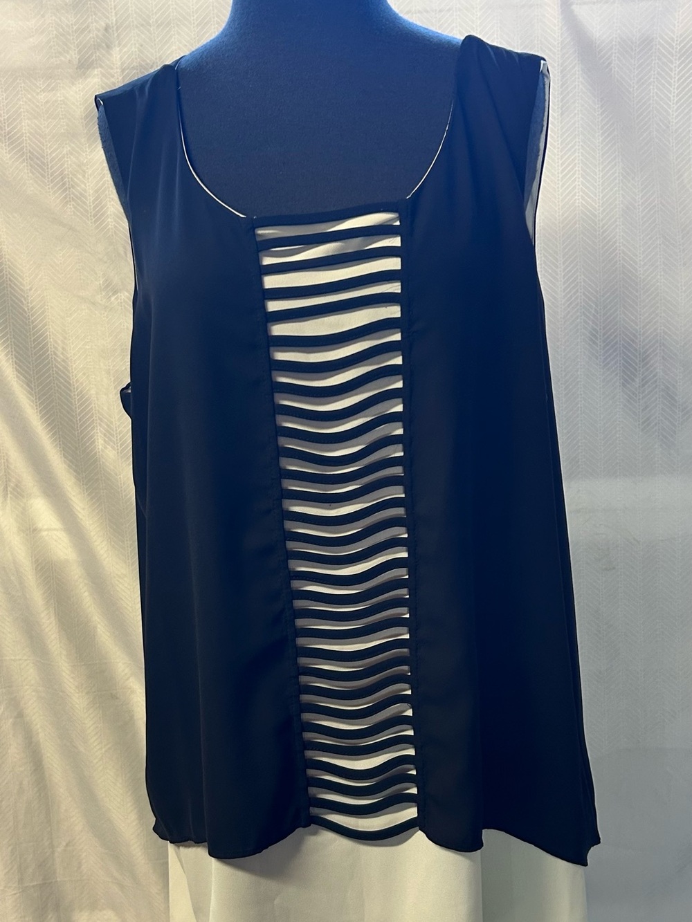 Alfani Black Sleeveless Blouse with White Striped Cutout Front
